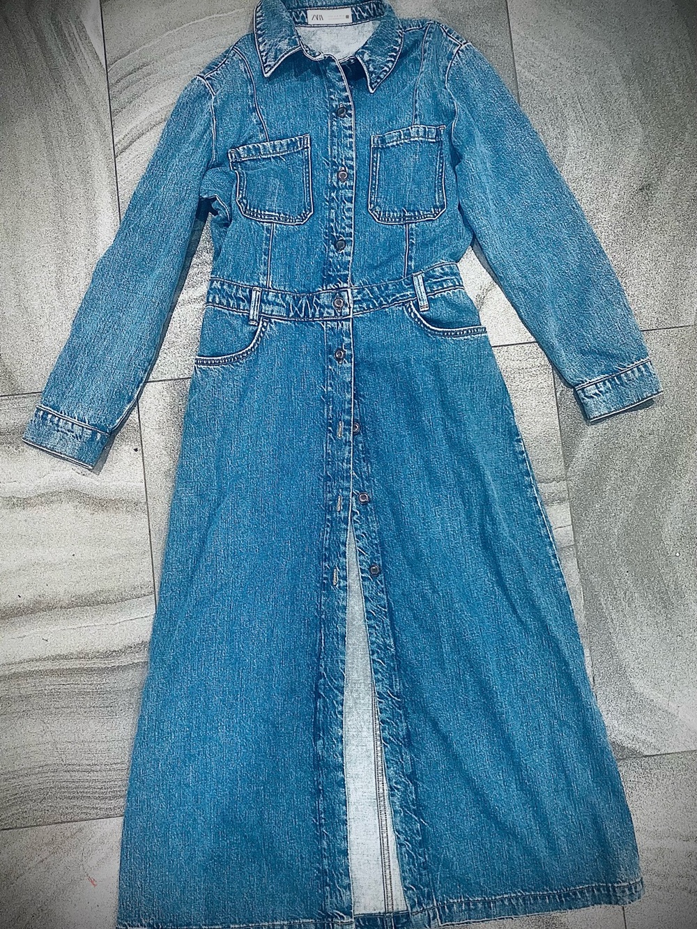 Zara Z1975 Denim Utility Button front Maxi Dress in a mid-blue wash